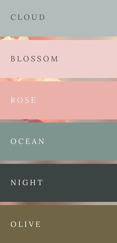 four different shades of pink, blue, and green with the words cloud blossom on them