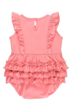 It is ruffles galore on this stretch-enhanced cotton-jersey bubble romper created in a bright and happy hue. Back keyhole with button-and-loop closure; snaps between legs 95% cotton, 5% spandex Machine wash, tumble dry Imported Spring Playtime Bubble Romper With Ruffles, Cotton Ruffle Bubble Romper For Playdate, Cotton Bubble Romper With Ruffles For Playtime, Cotton Bubble Romper With Ruffles For Playdate, Cotton Ruffle Onesie For Playwear, Sleeveless Ruffle Bubble Romper For Playdate, Summer Cotton Onesie With Ruffles, Cotton Onesie With Ruffles For Playwear, Casual Pink Onesie With Ruffles