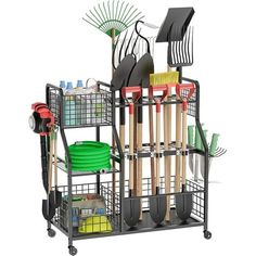 a metal rack with utensils and other kitchen items on it's sides