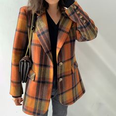 Women Woolen checkered blazer Oversize Plaid Blazer Vintage Brown Checked Suit Office Lady Tweed Blazer Jacket Female Wool Coat Autumn Coat #1086 on Storenvy Checkered Coat Outfit, Giacca In Tweed, Checkered Coat, Tweed Blazer Women, Checkered Blazer, Autumn Coat, Checked Suit, Office Wear Women, Winter Plaid