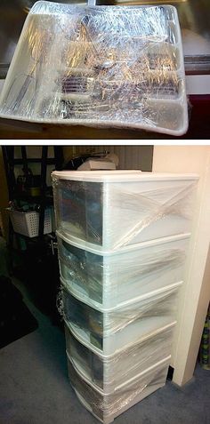 a stack of plastic bags sitting on top of a shelf