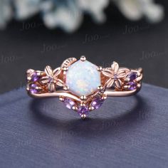 1ct Nature Inspired Hexagon Opal Engagement Ring Set Rose Flower Amethyst Wedding Ring Floral Leaf Opal Ring October Birthstone Jewelry Gift Main Ring : 6*6mm hexagon cut Lab white opal. Side stone : amethyst Matching Band: amethyst Material Metal: 925 sterling silver, Solid 14k/18k gold, platinum PLEASE choose silver or platinum if you are allergic to nickel. This jewelry is made to order, it can be made with any gemstone/metals. 2-3 weeks to finish. Default Shipping method is usps. 30 days non Flower Shaped Multi-stone Wedding Jewelry, Flower-shaped Multi-stone Wedding Jewelry, Elegant Multi-stone Amethyst Wedding Ring, Wedding Ring With Flower Shape And Center Stone, Multi-stone Flower Wedding Ring, White Gold Flower Ring With Birthstone For Wedding, Wedding Flower Ring With Multi-stone, Wedding Multi-stone Flower Ring, Wedding Flower Ring With Center Stone