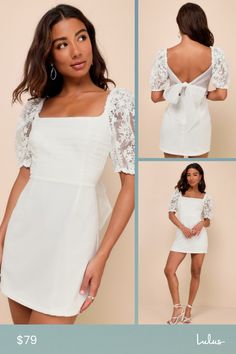 You'll cast an adorable spell when you wear the Lulus Charming Potential White Organza Backless Puff Sleeve Mini Dress! Lightweight mesh fabric shapes short puff sleeves (with elastic at the cuffs and shoulders) that feature an embroidered floral design with sparkly sequin accents. Airy woven organza forms the dress, shaping a bodice with a square neckline, fitted waist, and chic pleated detailing. At the back, a wide sash forms an oversized bow across the open back. Skirt has a figure-skimming Fitted Lace Puff Sleeve Dress For Summer, Summer Fitted Lace Puff Sleeve Dress, Fitted Mini Dress With Lace Sleeves, Fitted Mini Dress With Lace Short Sleeves, Spring Lace Puff Sleeve Dress With Short Sleeves, Summer Lace Puff Sleeve Dress, Feminine Lace Puff Sleeve Dress For Summer, Chic Lace Puff Sleeve Dress For Summer, Chic Lace Puff Sleeve Dress For Spring