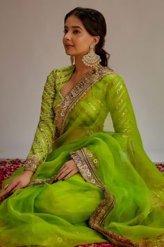 Green organza saree with heavy gota work and jhalar hand embroidered laces. Comes with gota stripe detailing blouse. - Aza Fashions Pista Green Pre-draped Saree With Zari Work For Diwali, Bollywood Style Pre-draped Saree For Festivals, Traditional Pista Green Organza Blouse Piece, Pista Green Organza Bollywood Traditional Wear, Bollywood Style Pista Green Organza Traditional Wear, Bollywood Style Pista Green Organza Pre-draped Saree, Pista Green Bollywood Organza Traditional Wear, Bollywood Style Pista Green Pre-draped Saree For Festive Occasions, Pista Green Organza Blouse Piece For Festivals