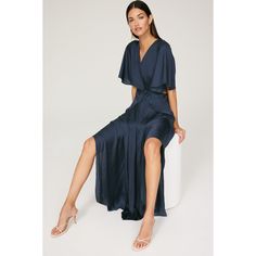 Blue satin (100% Polyester). A-line. Short sleeves. V-neck. Back zipper closure. 54.5" from shoulder to hemline. Imported. Rent The Runway, Satin Maxi, Satin Maxi Dress, Closet Designs, Blue Satin, Twist Front, A Line, Short Sleeves, Maxi Dress