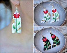 three pictures of earrings with beads and flowers on the back of each earpieces