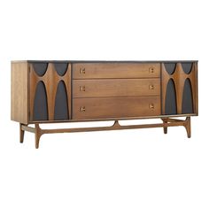 the sideboard is made out of wood and has black panels on it, along with two