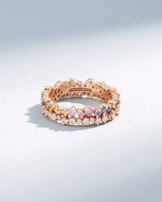 This exquisite eternity band showcases a captivating sequence of princess-cut pastel sapphires, complemented by the subtle radiance of round white diamonds. Set in rich 18-karat gold, the interplay of the gemstones create a stunning visual harmony. Details 18k rose gold 1.25 carat of princess-cut pastel sapphires 0.60 Pastel Rings, Sapphire Eternity Band, Short Stack, Dream Rings, Wrist Jewelry, Pretty Rings, Gemstone Engagement Rings, Jewelry Companies, Jewelry Inspo