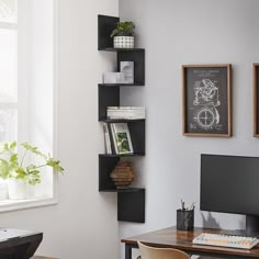 a desk with a computer and some books on it