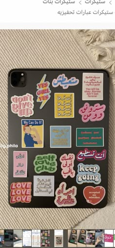 an iphone case with many stickers on the front and back cover, all in different colors