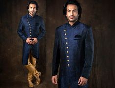 Dark Blue Indo Western Sherwani In Self Weaved Rayon Jacquard With a Blend of  Black And Fine Velvet Detailing Paired With Gold Chudidar In Silk * Self Weaved Rayon Jacquard Self Weaved Dark Blue & Black Blend Indo Western Sherwani *Matching Fabric Buttons  * With Velvet detailing *Colour - Dark Blue & Black Blend *       Paired With Gold Chudidar In Silk Note For Perfect Fitting * Pls Check Your Body Chest Exact Measurement With Out Adding Any Space or Gap From Your Side * Kindly Mention Your Height While Placing The Order 🔺Disclaimer: Product Colour May Slightly Vary Due to Photographic Lighting Sources or Your Monitor Settings Thank you For Visiting Blue Traditional Wear With Dabka For Groom, Blue Traditional Wear For Groom, Fitted Blue Kurta For Groom, Blue Long Sleeve Traditional Wear For Groom, Blue Sherwani For Groom Diwali Occasion, Blue Sherwani For Wedding, Blue Nehru Jacket With Dabka For Wedding, Blue Nehru Jacket For Groom On Eid, Blue Sherwani For Groom At Eid