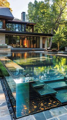 an outdoor swimming pool surrounded by rocks and water features a glass walkway leading up to the house