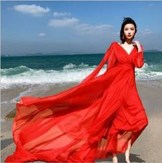 Trendy Fashion Women's Fashion V Neck Long Sleeve Holiday Beach Chiffon Studio Trail Dress SUNS, Women's Dresses