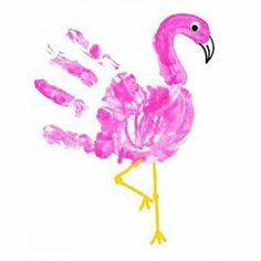 a pink flamingo is standing in front of a white background with hand prints on it