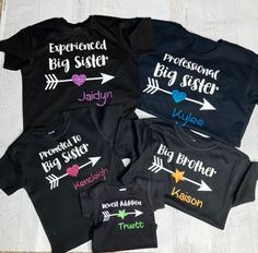 "Personalized sibling shirts! Shown in black shirts with bright colored accent colors! Very customizable! Keep reading for all options!  💜Add one at time to your cart and purchase together to make your perfect set! Choose as many as you need or even just 1 for an announcement!  💜These make a special personalized gift for a mom expecting a 2nd, 3rd, 4th, 5th baby! Great to welcome a new little one into the world! With so many color options this will be exactly what you're looking for! Choose your own wording, shirt & font colors! Looks great for children's family photos! 💜SHIRT/BODYSUIT: Comes in Short sleeves (purchase link below to change to long sleeve) main photo shown in black shirts. Leave font accent colors in the notes with your order.  TO CHANGE SHIRT TO LONG SLEEVE purchase thi Siblings Tshirts Ideas, Big Sibling Shirts, Sibling Shirts For Four, Personalized Black T-shirt For Family Matching, 5th Baby Announcement Ideas, 5th Baby Announcement, Sibling Shirts For 3, Pregnancy Announcement 4, Siblings Shirts