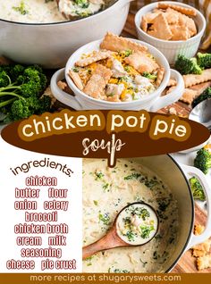 chicken pot pie soup recipe with broccoli and crackers on the side in white bowls