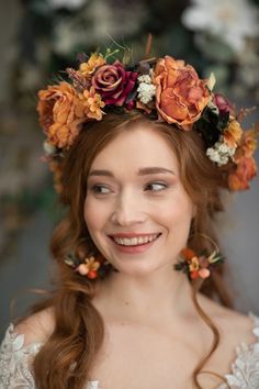 Orange Boho Flower Crown Fall Hair Accessories Autumn Flower - Etsy Wedding Cottagecore, Bohemian Flower Crown, Autumn Hair Accessories, Rustic Bride, Rose Flower Crown, Boho Flower Crown, Wedding Hair Wreath, Hair Crown, Hair Wreaths