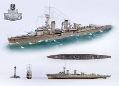 an old battleship and two smaller ships in the water