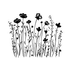 black and white silhouettes of flowers on a white background with the word love written in it