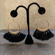 Details Are New Never Worn Brand: Candy Did It! Gold Plated 8 Black Tassels On Each Earring Hook Earrings Very Light Weight They Hang At The Perfect Length Measure Approx 3.5” Long 1.5” Wide Across The Circle In New Condition No Defects One Of My Most Popular Earring Black Fringe Tassel Drop Earrings, Black Fringe Drop Earrings, Black Dangle Tassel Earrings For Party, Black Dangle Jewelry With Tassels, Black Dangle Tassel Jewelry, Black Fringe Dangle Earrings, Trendy Black Fringe Jewelry, Black Dangle Jewelry With Fringe, Black Fringe Dangle Jewelry