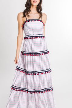 American Way Maxi :: NEW ARRIVALS :: The Blue Door Boutique Summer Cotton Maxi Dress Lined, Summer White Dress With Vertical Stripes, Fun Summer Holiday Dresses, Striped Cotton Sundress For The Beach, Summer Cotton Maxi Dress With Tassels, Playful Striped Summer Dresses, Striped Lined Beach Dresses, Striped Cotton Summer Sundress, Cotton Summer Dress With Vertical Stripes