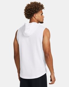 Lightweight French Terry has a smooth outer layer & a warm, soft inner layer|Material wicks sweat & dries really fast|Front kangaroo pocket|Dropped, shaped hem Casual Hooded Tank Top For Sports, Casual Sleeveless Hoodie For Workout, White Sleeveless Cotton Activewear, Casual White Sleeveless Activewear, White Cotton Athleisure Vest, Sportswear Tops With Kangaroo Pocket For Sports, Sports Tops With Kangaroo Pocket, Sleeveless Cotton Hoodie For Athleisure, Sleeveless Cotton Hoodie In Athleisure Style