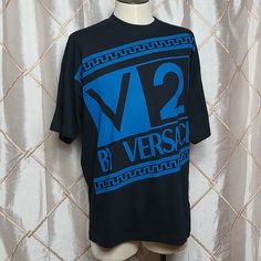 Versace V2 T-Shirt With Blue Logo : V2 By Versace With Greek Key Design. 100% Cotton Brand New With Tags Size S - Looks Like It Could Fit Medium As Well. Great Details On Collar - See Photos. Please Ask All Questions Before Purchasing Blue T-shirt With Logo For Streetwear, Blue Logo T-shirt For Streetwear, Versace Shirts, Versace Print, Versace Blue, Versace T Shirt, Versace Logo, Versace Shirt, Key Design