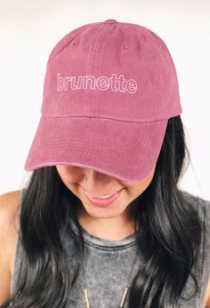 When you can't tame that brunette mane or you just wanna wear a cute hat, we have the one for ya! The Friday + Saturday Brunette Hat at Groovy's - This hat features a washed maroon fabric with white embroidered block letters saying "brunette". Adjustable back strap One size fits most Typically ships within 1-3 business days via USPS or UPS from our E-Commerce Fulfillment Center located in Rockwall, Texas. Contact us at cheyenne@shopgroovys.com or (972)623-8077.Groovy's store locations: 211 S. Bo Rockwall Texas, Maroon Fabric, Fulfillment Center, Cute Hat, Block Letters, Cute Hats, A Workout, Block Lettering, Baseball Caps