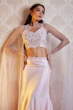 Shop for Soha by Harleen and Sona Pink Bamberg Silk Amaya Cape Lehenga Set for Women Online at Aza Fashions Evening Fitted Choli With Pearl Embroidery, Net Lehenga For Evening, Evening Fitted Net Lehenga, Fitted Net Lehenga For Evening, Evening Net Lehenga Fitted Style, Embellished Choli With Cape Sleeves, Embellished Fitted Choli With Cape Sleeves, Fitted White Choli For Evening, White Fitted Choli For Evening