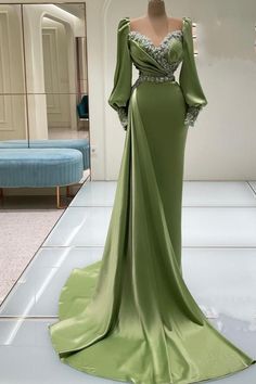 Olive Green Prom Dress, Long Sleeve Mermaid Prom Dress, Satin Formal Gown, Mermaid Gown Prom, Prom Dress With Train, Ruffle Beading, Dusty Sage, Mermaid Evening Gown, فستان سهرة