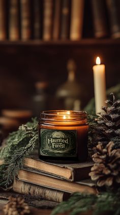 a candle sitting on top of a pile of books next to pine cones and candles