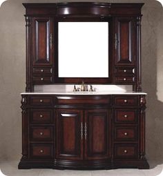 a bathroom vanity with a mirror above it