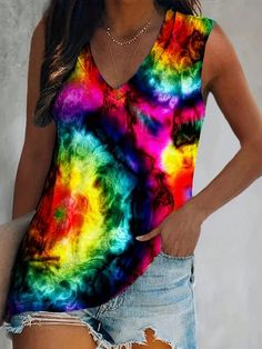 Plus Size Abstract Tie Dye Tank Top, Casual Sleeveless V Neck Top For Summer & Spring, Women's Plus Size Clothing Multicolor Casual   Knitted Fabric Tie Dye,All Over Print Tank Medium Stretch  Women Plus Clothing, size features are:Bust: ,Length: ,Sleeve Length: Floral Print Pants, Women's Vest, Casual Wide Leg Pants, Cotton Linen Dresses, Oversize Women, Tie Dye Tank Top, Sleeveless Long Dress, Floral Pants, Chic Dress