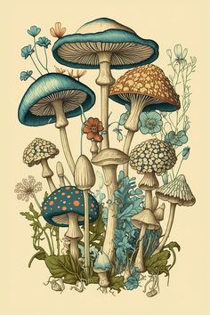 a group of mushrooms sitting on top of a lush green forest covered in blue flowers