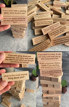 several pictures of wooden blocks with words on them