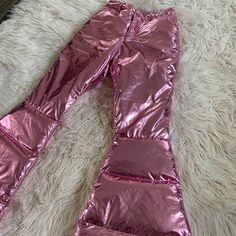 .ೃ࿔*iheartraves pink puffer pants.ೃ࿔* size: S (msg... - Depop Puffer Pants, Pink Trousers, Skirt Leather, Metallic Pink, Casual Skirts, Sweatshirt Shirt, Dress With Sneakers, Blouse And Skirt, Jean Shirts