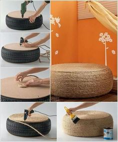 there is a collage of pictures showing how to make an ottoman out of old tires