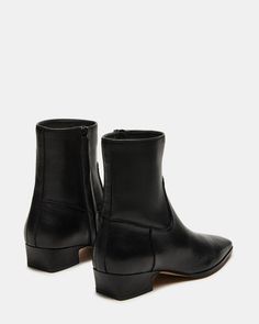 DUSTY Black Leather Ankle Bootie | Women's Booties – Steve Madden Women's Booties, Trending Boots, 5 Inch Heels, Ankle Bootie, Toe Designs, Leather Ankle Boots, 10 Inch, Ankle Booties, Bootie