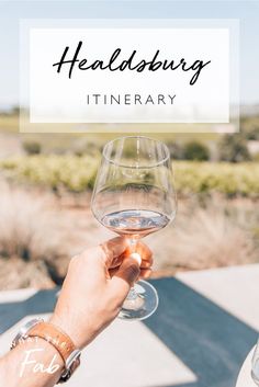 a person holding a wine glass with the words headbury itinerary