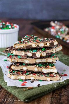 a stack of chocolate and marshmallow barkle treats