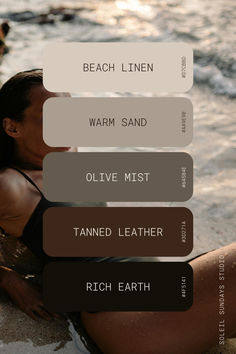 a woman is sitting on the beach with her feet in the sand and text overlay reads, beach linen warm sand olive mist tame leather rich earth