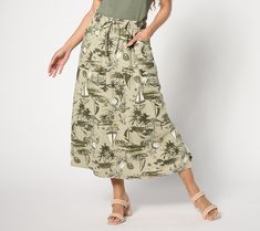 A summer essential for warm days and carefree style, this printed linen-blend midi skirt will be your go to for all the backyard barbecues, brunches, and block parties on the season's social calendar. From Denim & Co.® Fashions. Summer Floral Print Midi Bottoms, Cotton Midi Length Bottoms For Summer, Summer Bottoms With Pockets, Midi Length, Summer Long Printed Skirt, Printed Long Skirt For Summer, Printed Summer Skirt For Day Out, Printed Green Skirt For Vacation, Green Printed Skirt For Vacation, Summer Day Out Printed Skirt