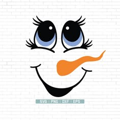 the face of a smiling clown with blue eyes and an orange nose on a white brick wall