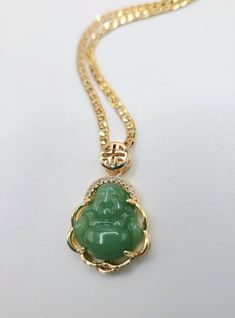 Jade green 24k gold filled Buddha pendant on gold filled chain necklace Tarnish resistant Pendant 17x22mm Necklace 18 inch Green Jewelry For Good Luck, May Birthstone, Jade Clavicle Chain Pendant Jewelry, Spiritual Green Jewelry With Adjustable Chain, Gold Jade Jewelry For Good Luck, Green Jade Jewelry With Adjustable Chain, Gold Jade Pendant Necklace, Gold Jade Necklace Gift, Gold Jade Round Pendant Necklace, Gold Jade Necklace With Round Pendant