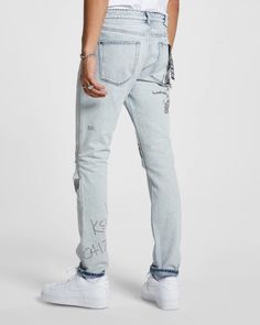 Chitch Flyer Trashed | Ksubi US Fitted Light Wash Distressed Jeans, Urban Slim Fit Denim Blue Bottoms, Slim Fit Mid-rise Jeans For Streetwear, Mid-rise Slim Fit Jeans For Streetwear, Fitted Ripped Jeans In Rigid Denim, Fitted Washed Jeans For Streetwear, Urban Ripped Fitted Jeans, Urban Style Ripped Fitted Jeans, Fitted Faded Jeans In Rigid Denim