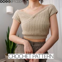 a woman wearing a crop top and pants with the words crochet pattern on it