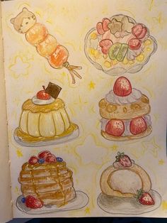 an open book with drawings of desserts on it