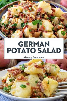 german potato salad on a white plate with a fork in it and the title overlay reads