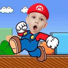 an animated image of a boy in a mario kart costume with his mouth open