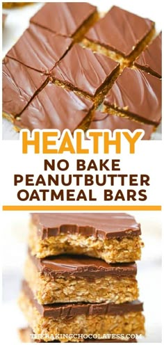 healthy no bake peanut butter oatmeal bars stacked on top of each other